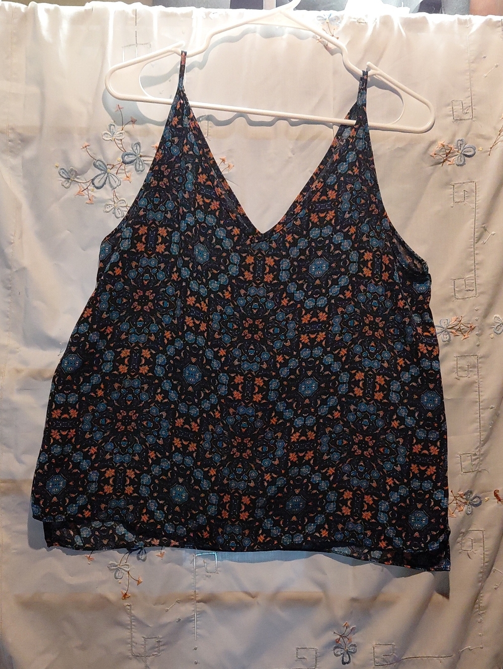 Paper Crane Black Printed V-Neck Cami with Blue & Rust Medallions